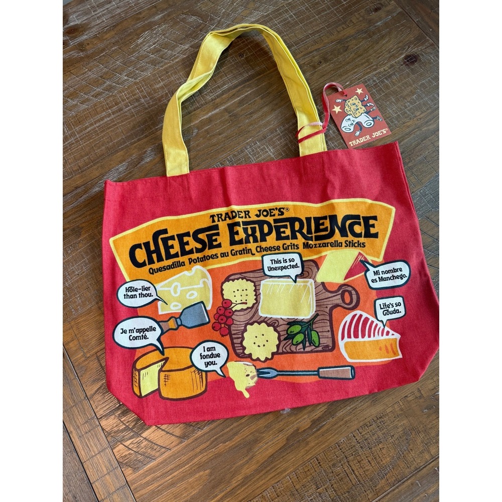 Trader Joes Cheese Adventures Experience Cotton Tote Bag Red Yellow 80578 NWT